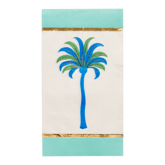 The Sophistiplate Preppy Palm Guest Towels (20pk) feature a blue and green palm tree design centered on each napkin, accented with metallic gold stripes at the top and bottom and finished with light turquoise edges.