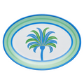 The Preppy Palm Melamine Serving Platter by Sophistiplate features a blue and green border and a central stylized palm tree, adding vibrant style to any table setting.