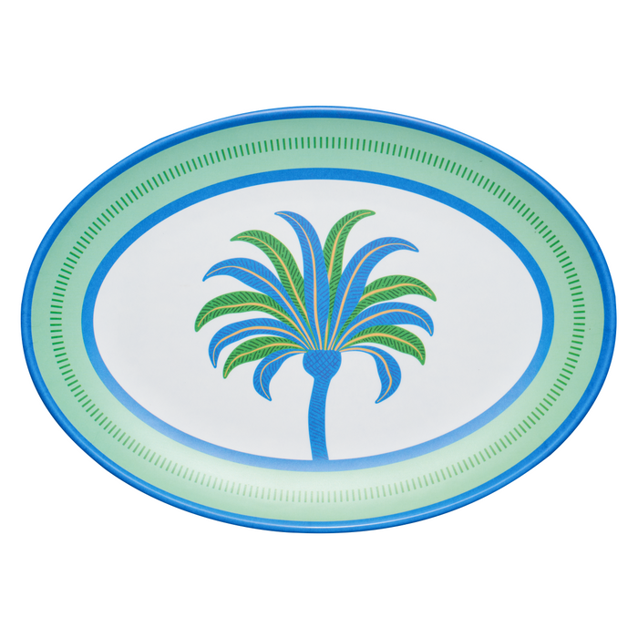 The Preppy Palm Melamine Serving Platter by Sophistiplate features a blue and green border and a central stylized palm tree, adding vibrant style to any table setting.
