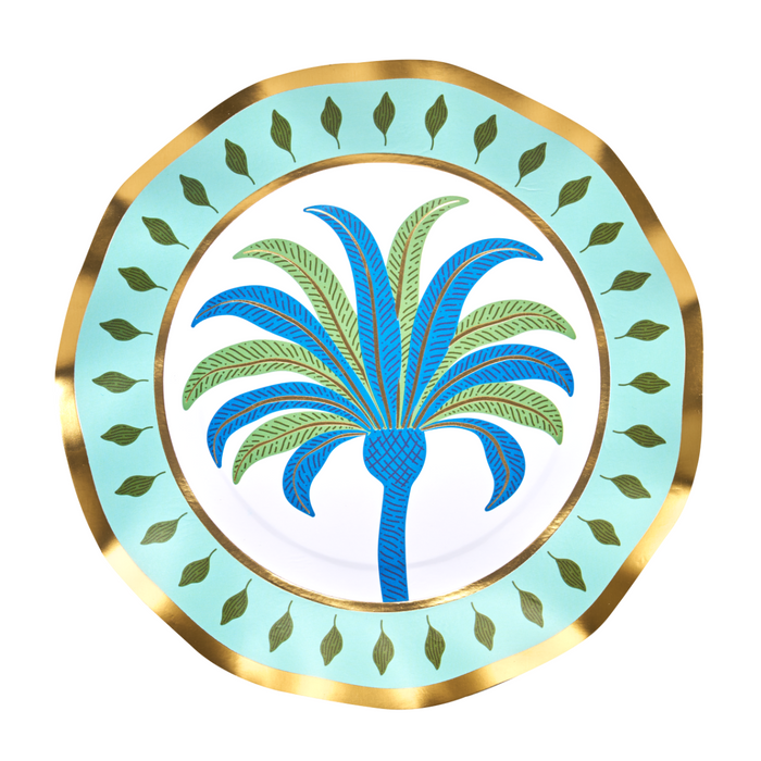 The Sophistiplate Preppy Palm Salad Plates (8pk) feature scalloped edges with a gold wavy rim, a stylized blue and green palm tree center, and a border of green leaf shapes on a light blue background.