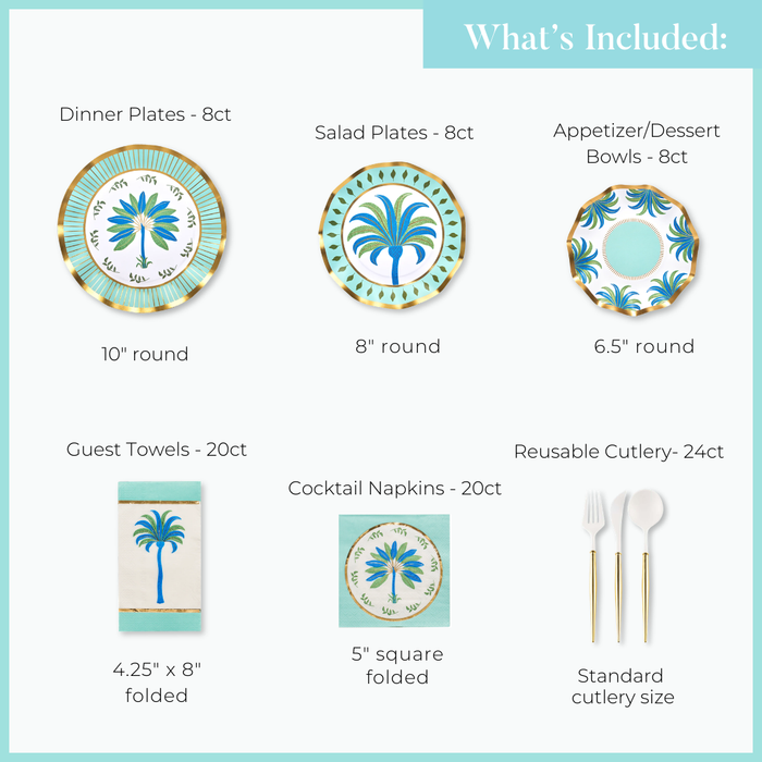 The Preppy Palm Table Setting by Sophistiplate LLC features 8 dinner plates, 8 salad plates, 8 bowls, 20 guest towels, 20 cocktail napkins, and 24 reusable cutlery pieces—all with a tropical palm design.
