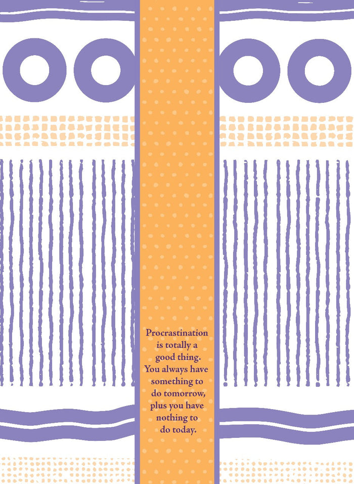 The Procrastinations Towel by Drinks On Me features a lavender and peach geometric pattern with a central orange stripe and adds kitchen humor: “Procrastination is totally a good thing—you’ll always have something to do tomorrow!”.