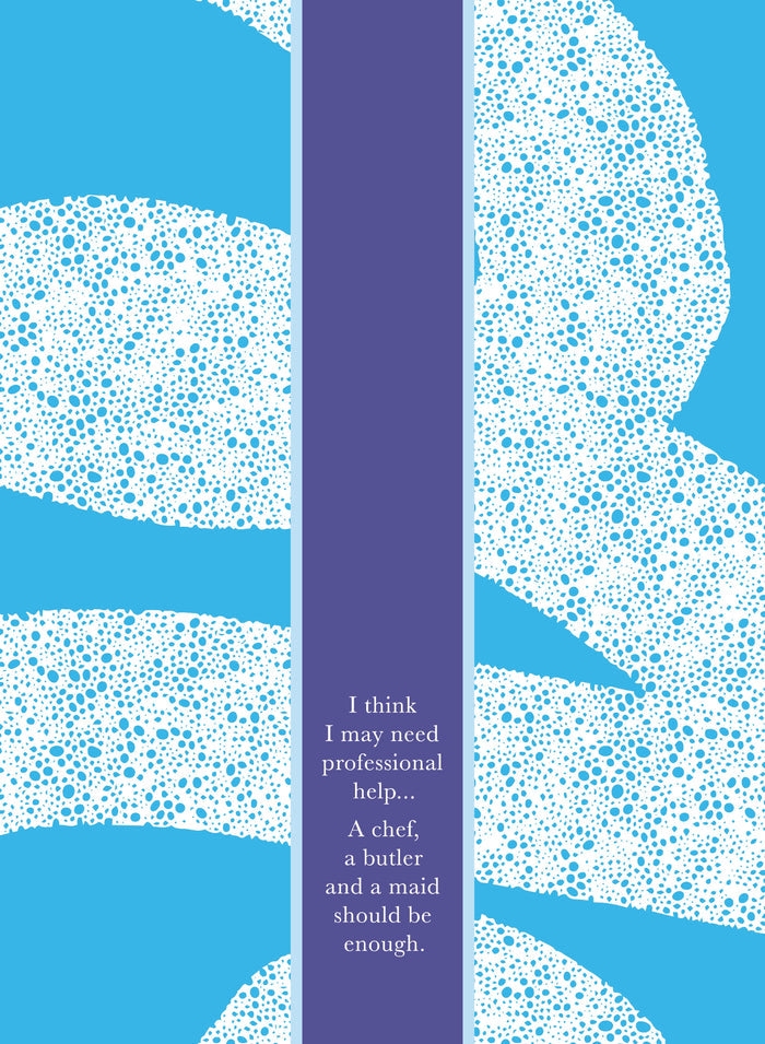 The Professional Help Dish Towel by Drinks On Me features a blue and white abstract background with a central purple stripe that reads: I think I may need professional help... A chef, a butler and a maid should be enough. Perfect funny kitchen gift!.