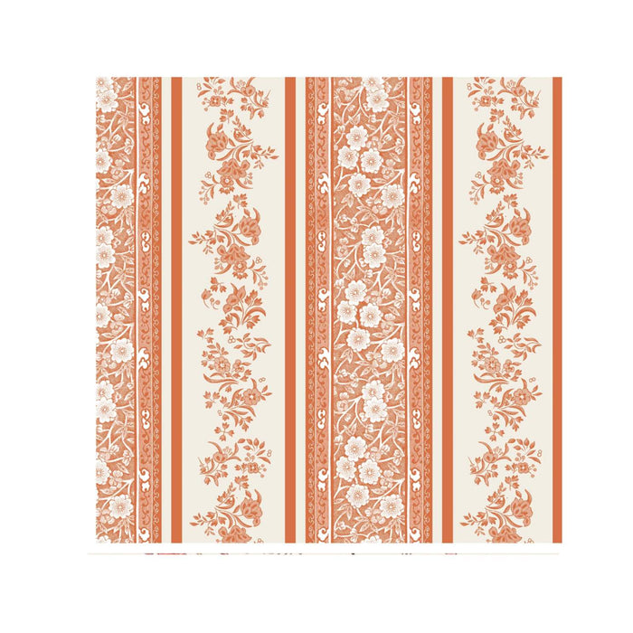 Pumpkin Burleigh Stripe Cocktail Napkins by Hester & Cook feature vertical orange and beige stripes with detailed floral accents—ideal for adding a refined, cohesive touch to any setting. Pack includes 20 napkins.