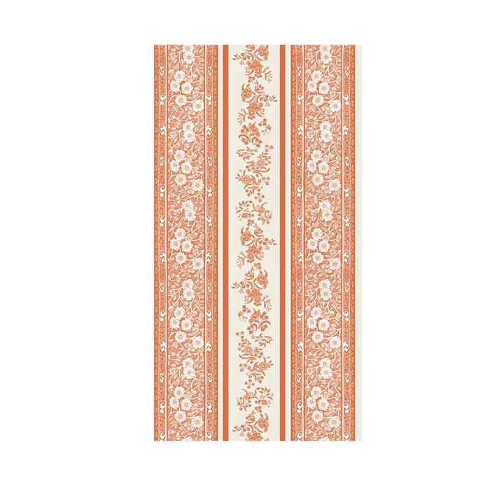 Featuring vertical orange and cream stripes with intricate floral designs, Hester & Cook's Pumpkin Burleigh Stripe Guest Towels (16pk) add a stylish floral touch to any table setting.