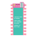 The Ran Out of Coffee Dish Towel by Drinks On Me features pink and white stripes, a teal center, and the saying: "I ran out of coffee this morning. Tequila seemed like a reasonable replacement. Everyone is so pretty today.