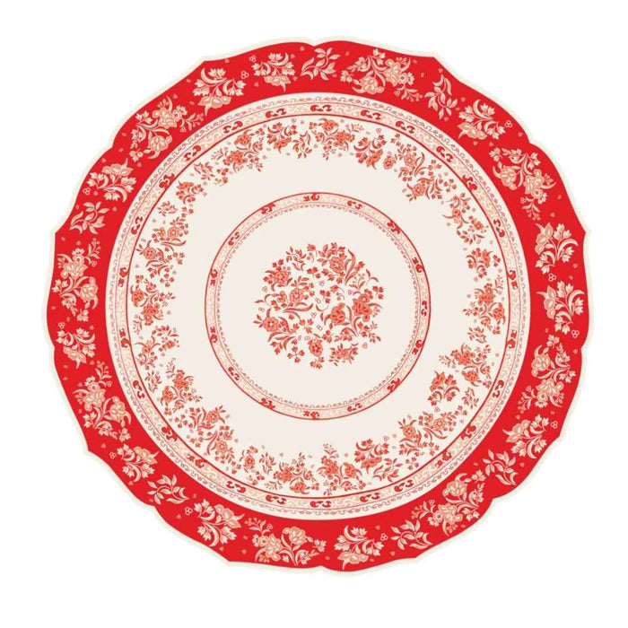 The Hester & Cook Red Burleigh Placemat (12ct) features a bold red border, white floral patterns, and scalloped edges—perfect for adding decorative flair to any table setting.