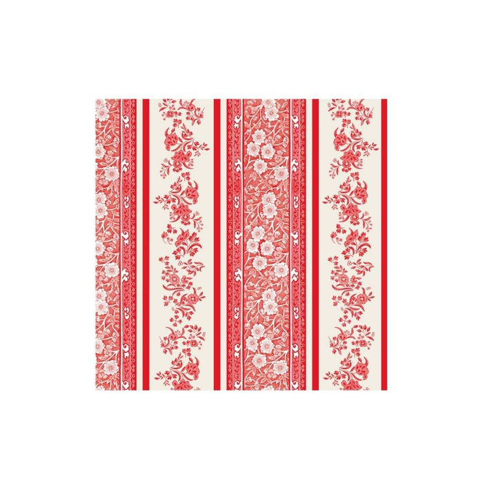 The Red Burleigh Stripe Cocktail Napkins by Hester & Cook feature a vintage-inspired square design with vertical red and cream stripes, alternating floral and solid bands, perfect for elegant gatherings. Pack of 20.