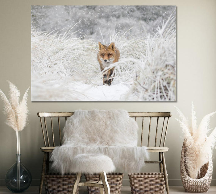 Red Fox in Snow Forest Wall Art Decor Frame Canvas Printing-1Panel