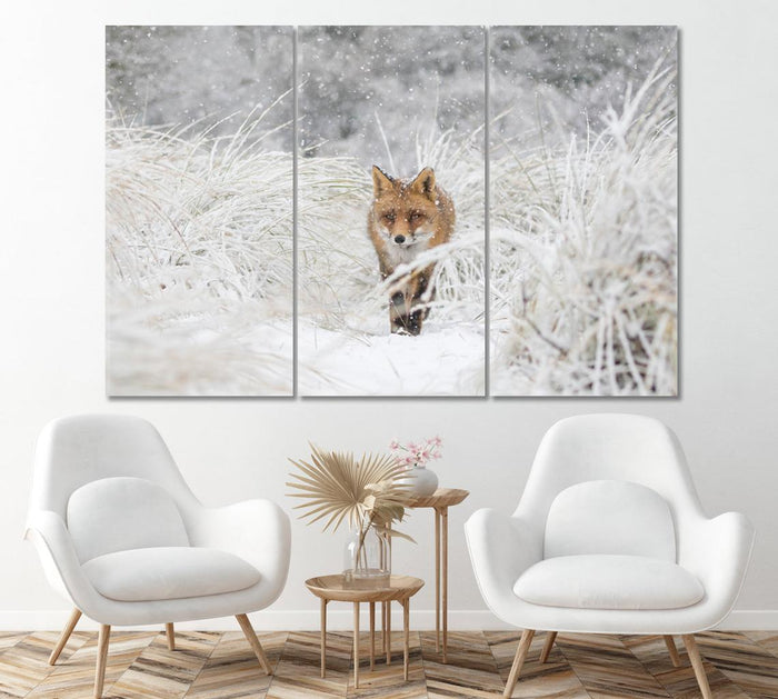 Red Fox in Snow Forest Wall Art Frame Canvas Printing Decor-3Panels - BlueArtDecor