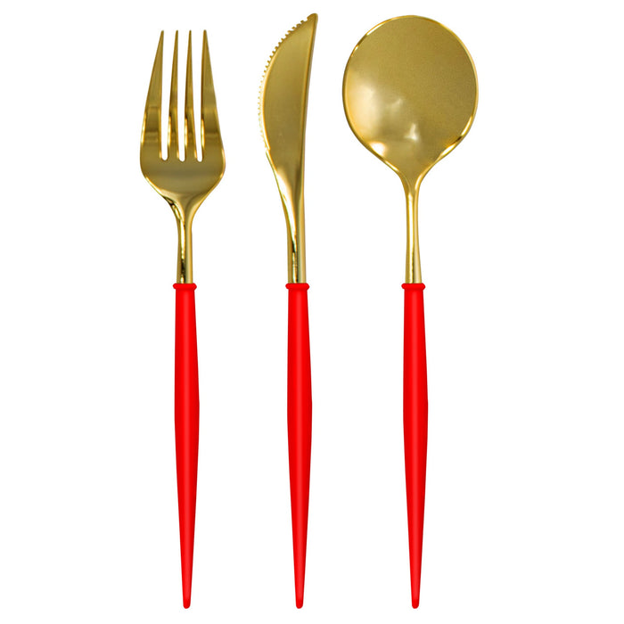 Sophistiplate’s Red & Gold Bella Plastic Cutlery/24pc, Service for 8 features shiny gold heads and vibrant red handles, arranged on a white background to showcase this stylish, BPA-free reusable set.