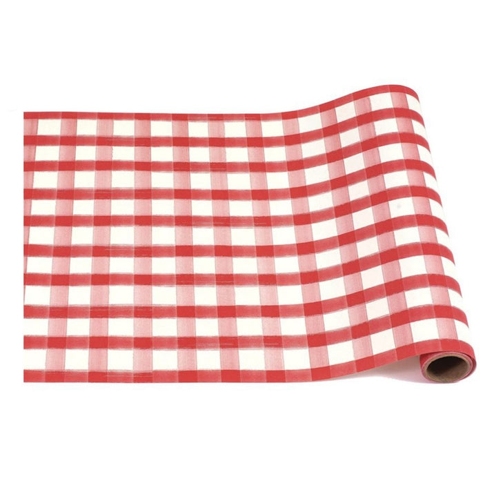 The Hester & Cook Red Painted Check Runner (20x25") features a bold red and white checkered pattern—great for gift wrapping or adding style to any gathering.