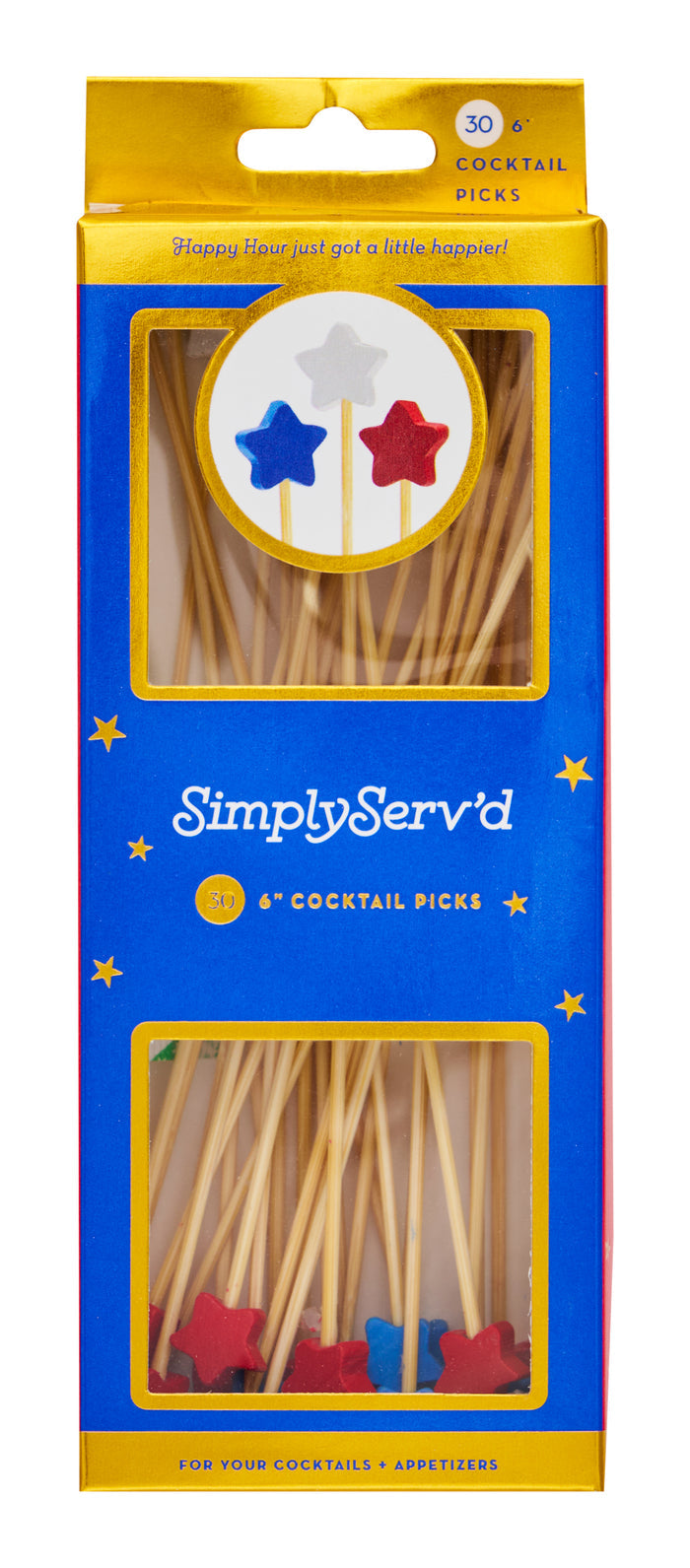A blue Simply Serv'd Red White Blue Stars 6" Wood Party Pick/30pk box displays 30 compostable cocktail picks with star toppers in red, white, and blue, visible through two clear windows on the packaging.