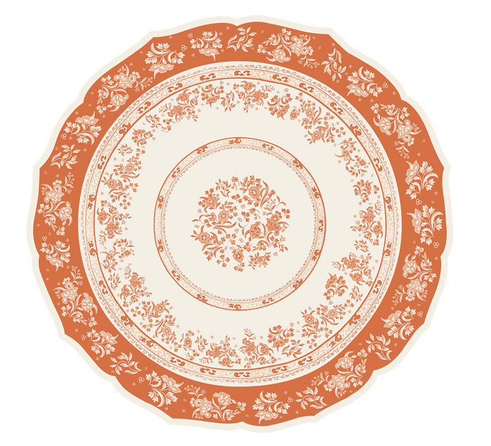 The Regal Pumpkin Placemat - 12 Sheets by Hester & Cook features an intricate rust-orange floral pattern on cream, with a scalloped edge, adding vintage charm and pairing perfectly with stylish disposable tableware.