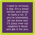 The Rehome Dog Coaster by Drinks On Me features a purple square with a green border and white text about re-homing a barking terrier—perfect for adding humor to your drinkware collection.