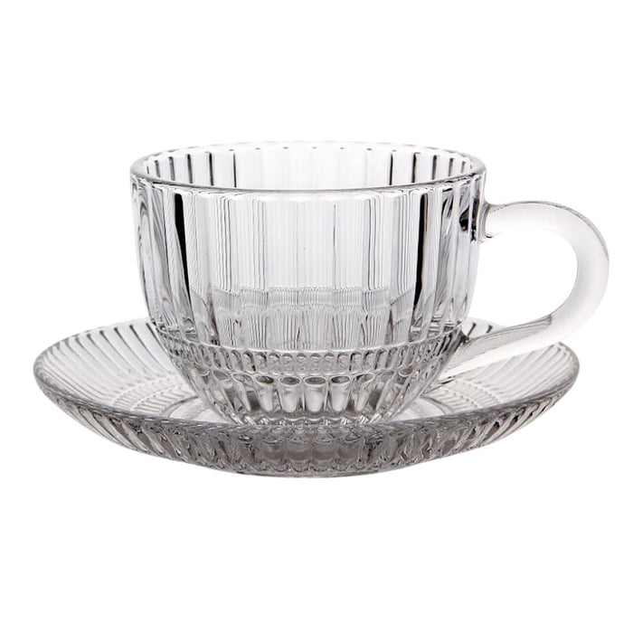 Ribbed Clear Glass Tea Cup & Saucer - 6 Piece