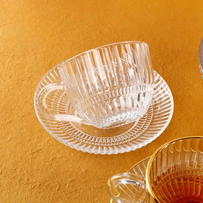 Ribbed Clear Glass Tea Cup & Saucer - 6 Piece
