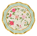Sophistiplate’s Rococo Appetizer/Dessert Bowls (8pk) feature a scalloped edge, gold and light blue border, and floral with butterfly and bee motifs on cream—ideal elegant party tableware for special occasions.
