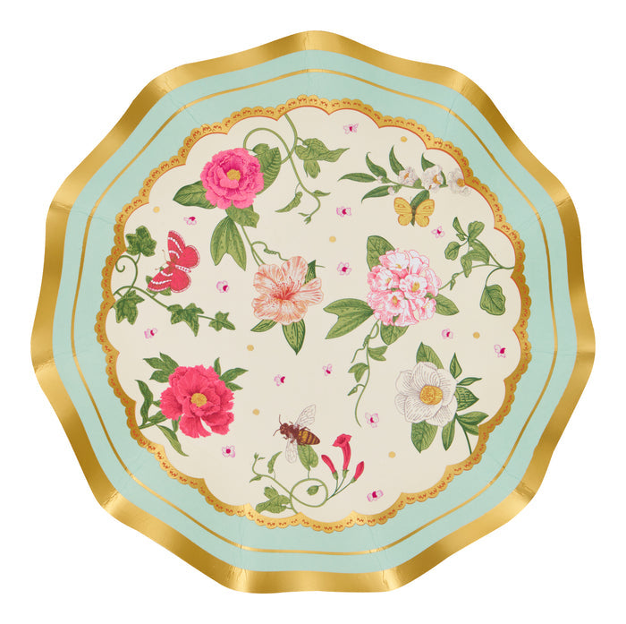 Sophistiplate’s Rococo Appetizer/Dessert Bowls (8pk) feature a scalloped edge, gold and light blue border, and floral with butterfly and bee motifs on cream—ideal elegant party tableware for special occasions.