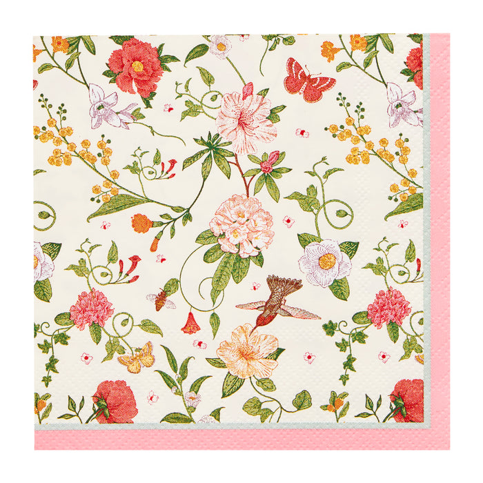 The Sophistiplate Rococo Cocktail Napkins/26pk feature a floral pattern with pink, yellow, and red flowers, green leaves, a butterfly, and a hummingbird on white with a pink border—perfect for stylish entertaining.