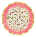 Sophistiplate’s Rococo Dinner Plates (8pk) feature a pink and gold scalloped rim with a vibrant floral design—ideal as elegant party plates or wavy-edge dinnerware for your next stylish celebration.