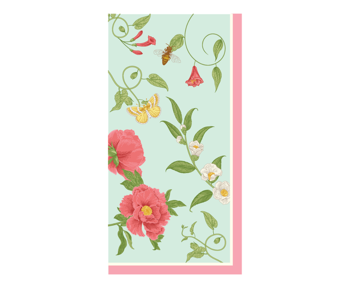 Charming illustration of pink and white flowers, green leaves, a butterfly, and a bee on blue with a pink border—perfect for Sophistiplate Rococo Guest Towels/20pk. Ideal for adding elegance to any occasion.
