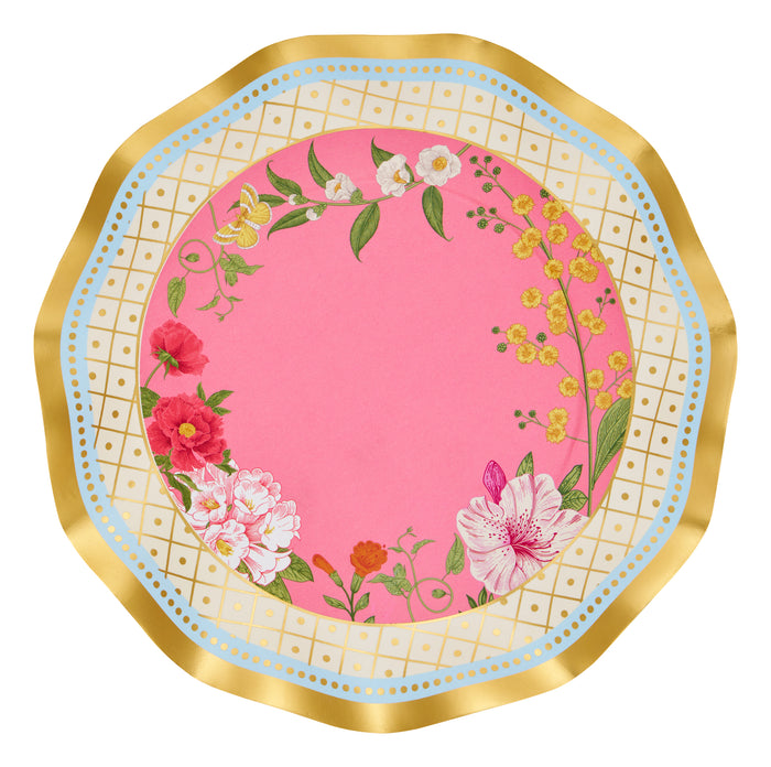 The Sophistiplate Rococo Salad Plates (8pk) feature a round, wavy edge with a gold rim, pink center adorned with colorful flowers and green leaves, and a cream border with a gold diamond pattern.