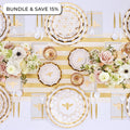 Create an elegant table setting with the Sophistiplate LLC Rosh Tablescape for 16 Guests: White Honeybee, featuring gold bee-themed Rosh Hashanah tableware, a striped table runner, floral arrangements, designer paper plates, coordinating paper napkins, and plastic cutlery. Text in the corner reads BUNDLE & SAVE 15%.