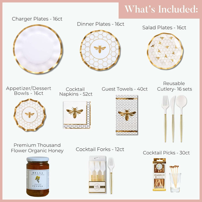 Introducing the Sophistiplate LLC “Rosh Tablescape for 16 Guests: White Honeybee”—a stylish collection of elegant white and gold party supplies. This set includes heavy-duty paper plates, bowls, cutlery, napkins, guest towels, honey jar, forks, and cocktail picks for a beautiful Rosh Hashanah table setting. Each item comes with individual counts clearly listed under each product for easy planning. These disposable party plates combine convenience and sophistication to elevate your celebration.