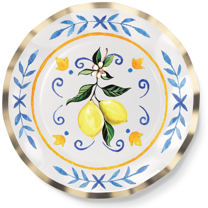 The Sophistiplate Salad Plate Capri Coast/8pk features two yellow lemons with green leaves and a white flower at the center, accented by blue and yellow floral patterns and a ruffled foil edge for an elegant touch.