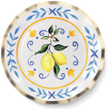 The Sophistiplate Salad Plate Capri Coast/8pk features two yellow lemons with green leaves and a white flower at the center, accented by blue and yellow floral patterns and a ruffled foil edge for an elegant touch.