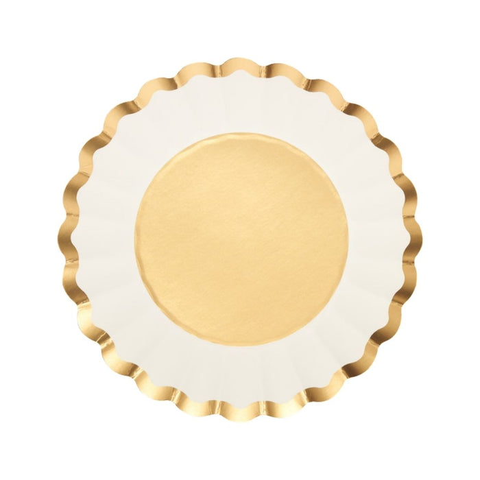 The Sophistiplate Salad Plate Gold & White/8 pkg features elegant round gold plates with a white border and scalloped gold edges—perfect for any holiday party tableware setup.