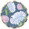 The Sophistiplate Salad Plate Hydrangea 8pk features elegant watercolor pink and blue hydrangeas with green leaves on a muted blue background and a gold rim—ideal for stylish parties.