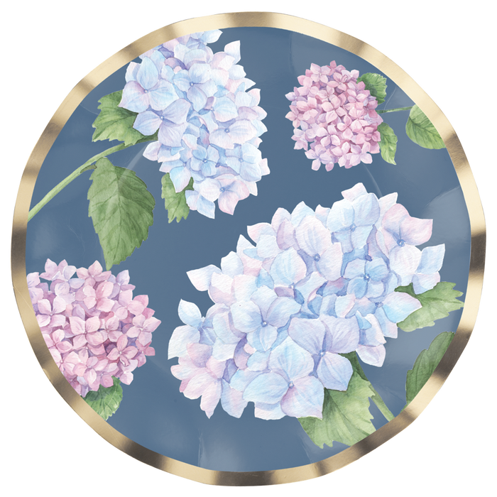 The Sophistiplate Salad Plate Hydrangea 8pk features elegant watercolor pink and blue hydrangeas with green leaves on a muted blue background and a gold rim—ideal for stylish parties.