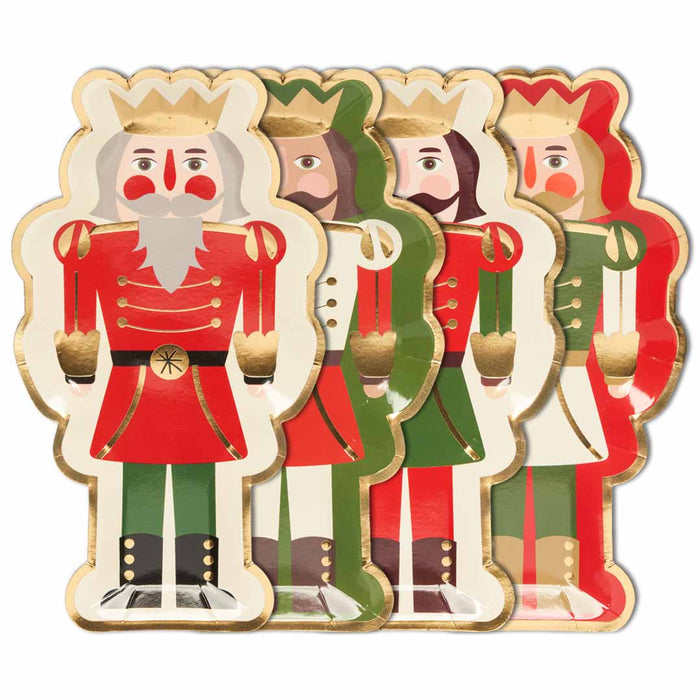 The Sophistiplate Salad Plate Nutcracker Christmas Assorted set includes 8 decorative plates featuring festive nutcrackers with crowns, red and green uniforms, gold accents, and holiday-painted faces.