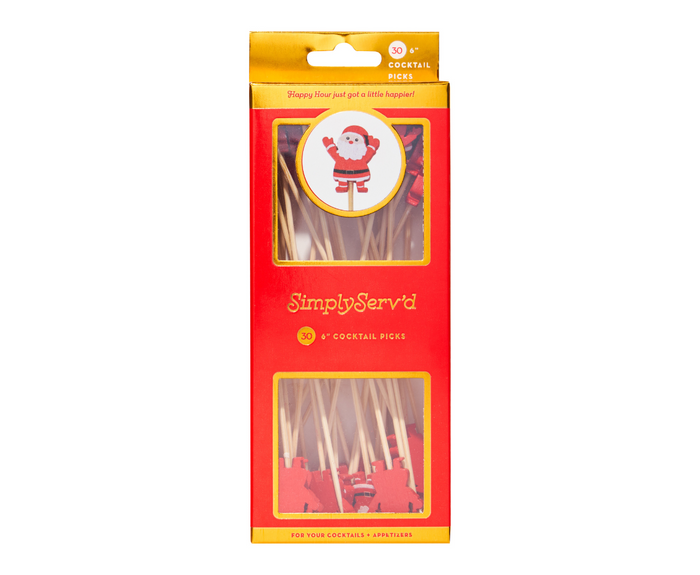 A red and yellow box of Simply Serv'd Santa Large Cocktail Picks/30pk features a Santa Claus design atop 30 wooden party picks with red decorative tops, all visible through a clear window.