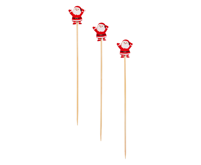 Three Simply Serv'd Santa Large Cocktail Picks, each featuring a small Santa in a red suit with raised arms, are arranged in a row on a white background.