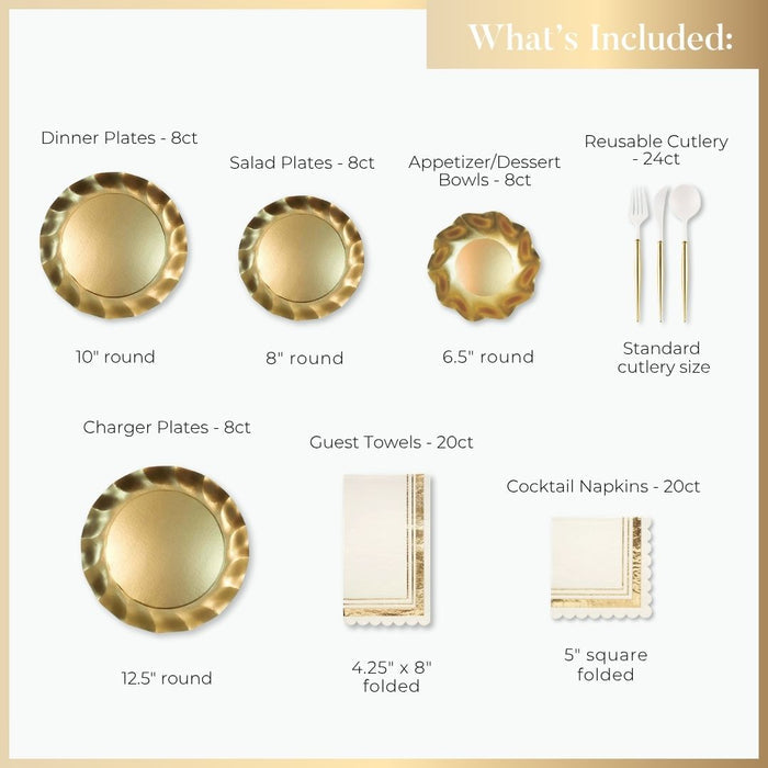 Image of the Sophistiplate LLC Satin Gold Table Setting, featuring designer disposable dinner and salad plates, appetizer/dessert bowls, reusable cutlery, charger plates, guest towels, and cocktail napkins with sizes and quantities on a white background.