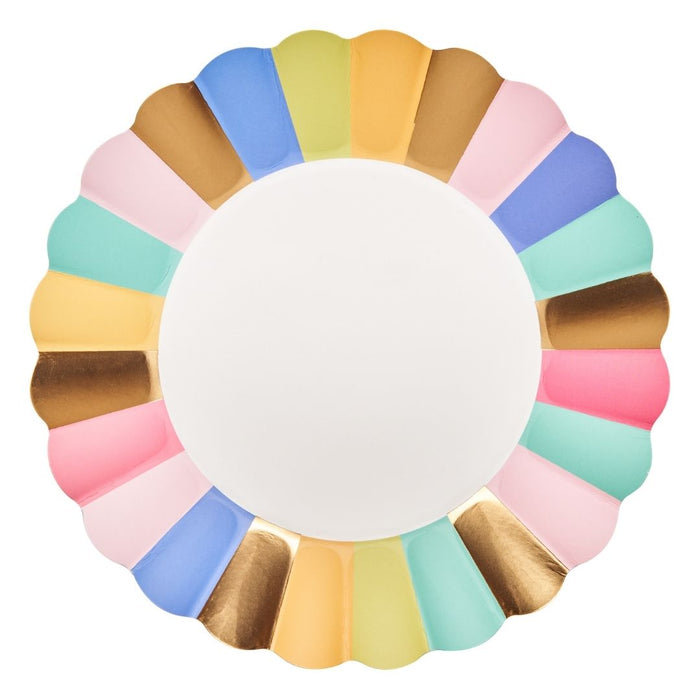 The Sophistiplate Scalloped Salad Plate Panoply (8/pkg) features a round, elegant design with a scalloped edge, alternating pastel and metallic gold sections around the rim, and a plain white center—ideal for holiday parties.