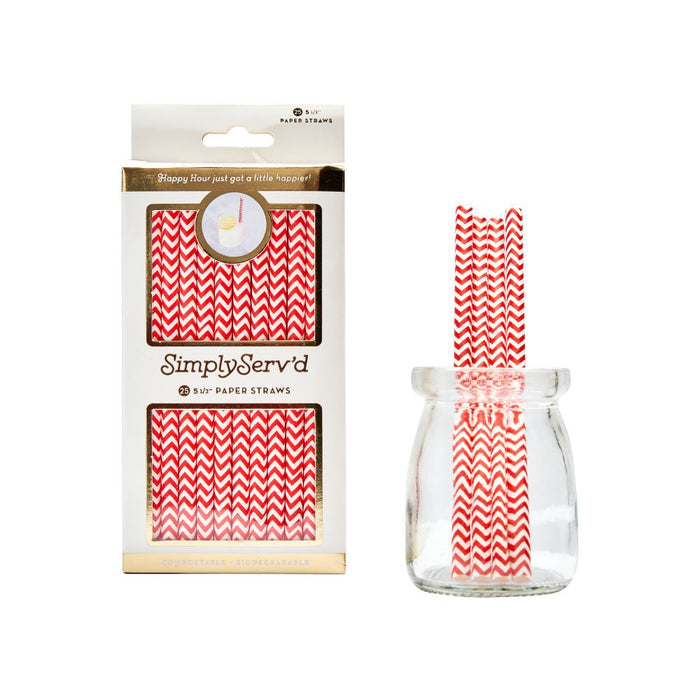 A box of Simply Serv'd Scarlet Chevron Paper Cocktail Straw/25pk sits beside matching straws upright in a clear jar—a colorful, biodegradable hostess gift.