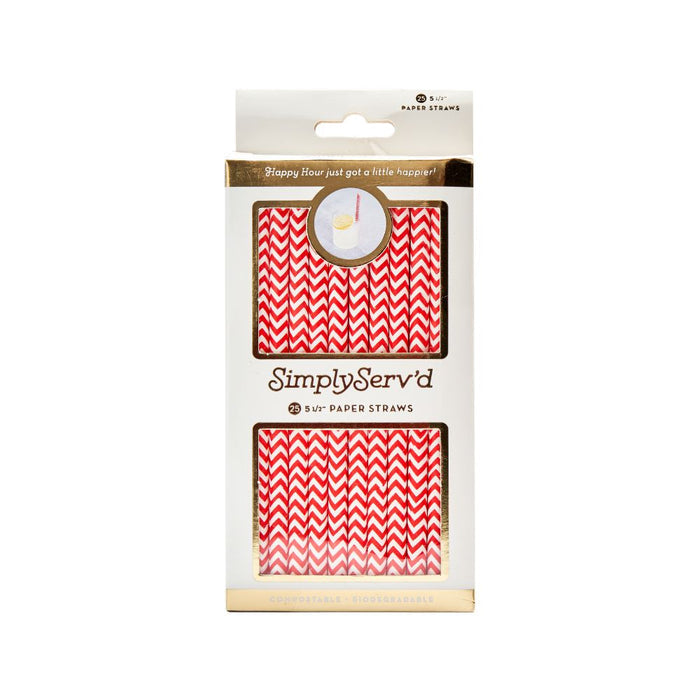 The Simply Serv'd Scarlet Chevron Paper Cocktail Straw/25pk features a red and white chevron design, ideal for cocktails or gifting. Presented in clear packaging with gold accents and a cocktail illustration on the label.