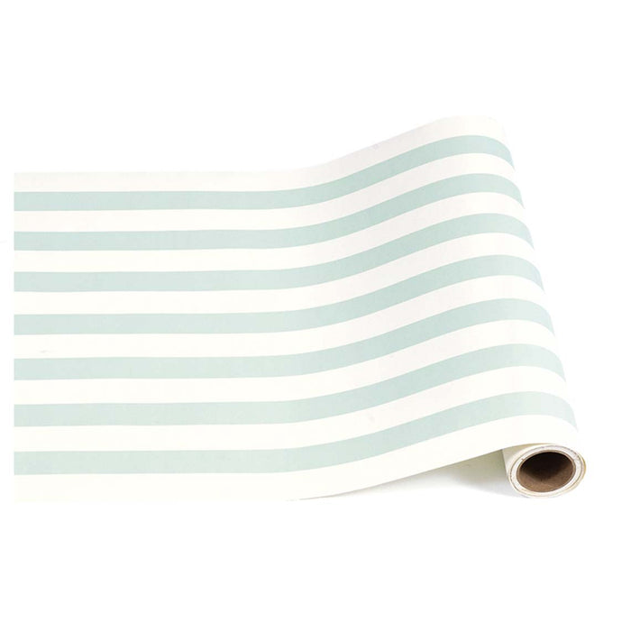 The Hester & Cook Seafoam Classic Stripe Runner (20x25") features horizontal light blue and white stripes—ideal for creative gift wrapping or as a unique table runner at special occasions.