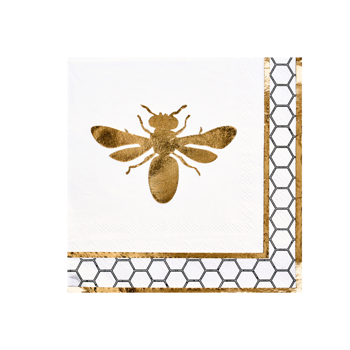 Add a charming touch to your table with the Sophistiplate Honeybee Cocktail Napkins/26pk—white napkins featuring a striking gold foil bee at the center and an elegant gold honeycomb border along two edges. These metallic gold foil napkins are perfect for any cocktail party, bringing both elegance and style to your entertaining essentials.