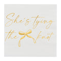 Sugarplum’s She’s tying the Knot Cocktail Napkins (26pk) feature white gold paper with elegant gold cursive text and a bow illustration—perfect for bachelorette parties or bridal showers.