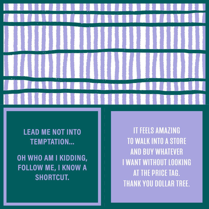 The image shows Shortcut Napkins by Drinks On Me, featuring a wavy striped top and two quote boxes—one joking about temptation, the other praising Dollar Tree—ideal as witty party or cocktail napkins for your bar cart.