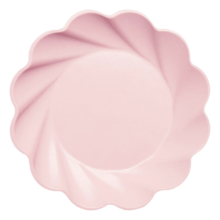 The Simply Eco Dinner Plate - Blush by Sophistiplate features a round, light pink bamboo fiber design with scalloped edges and a swirl pattern—ideal as eco-friendly party plates. Sold in packs of 8.