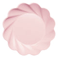 The Simply Eco Dinner Plate - Blush by Sophistiplate features a round, light pink bamboo fiber design with scalloped edges and a swirl pattern—ideal as eco-friendly party plates. Sold in packs of 8.