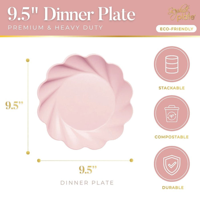 The Simply Eco Dinner Plate-Blush by Sophistiplate is a pink, scalloped-edge 9.5" bamboo fiber plate. Shown with icons for stackability, durability, and composting, these heavy-duty plates are premium, eco-friendly, and compostable (8/pkg).