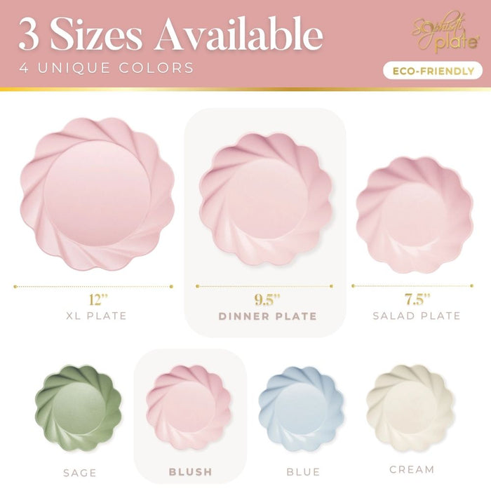 Image showing Simply Eco Dinner Plate in blush pink by Sophistiplate. Set includes 8 eco-friendly bamboo fiber plates, each 9.5" in size, perfect for parties or gatherings. Labeled as sustainable and stylish tableware.