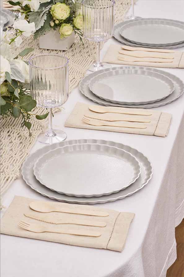 grey paper plates with pleated edges